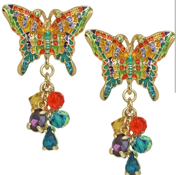 Ritzy Couture by Esme Hecht Jewelry - Multi-Color Butterfly Dangle Earrings Clip-on Signed Ritzy Couture Esme Hecht GT